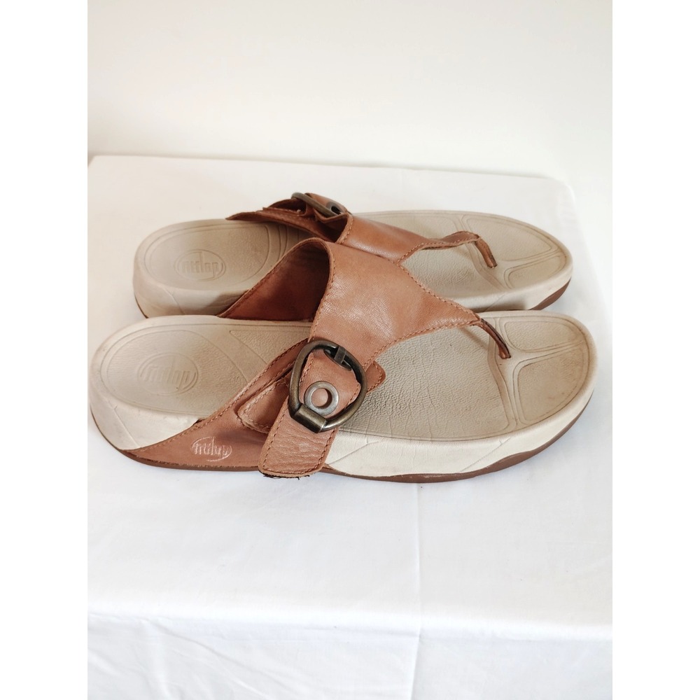 FitFlop Buff Women 11 Tan Leather Sandals Thongs‎ Side Buckle Wobble Board Boho